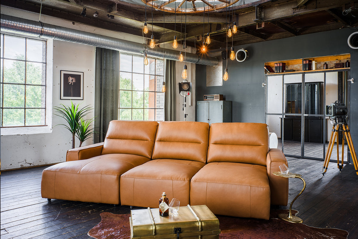 KAWOLA Big Sofa DORI motorischer Sitzvorzug Leder cognac