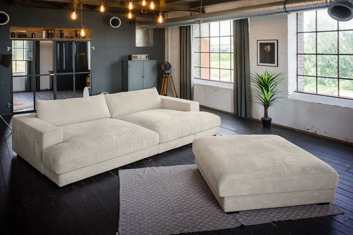 KAWOLA Big Sofa MADELINE Cord cremeweiß mit Hocker und 4 Zierkissen