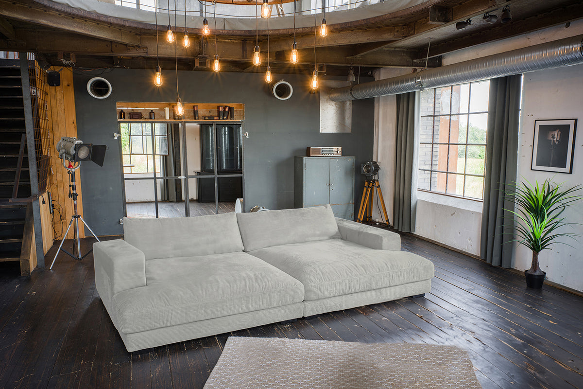 KAWOLA Big Sofa MADELINE Cord hellgrau, 290 x 170, ohne Holztablett