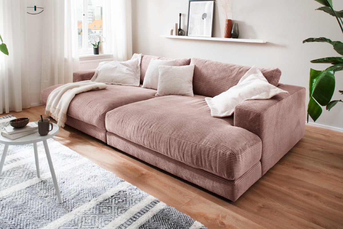 KAWOLA Big Sofa MADELINE Cord rosa, 290 x 170, ohne Holztablett