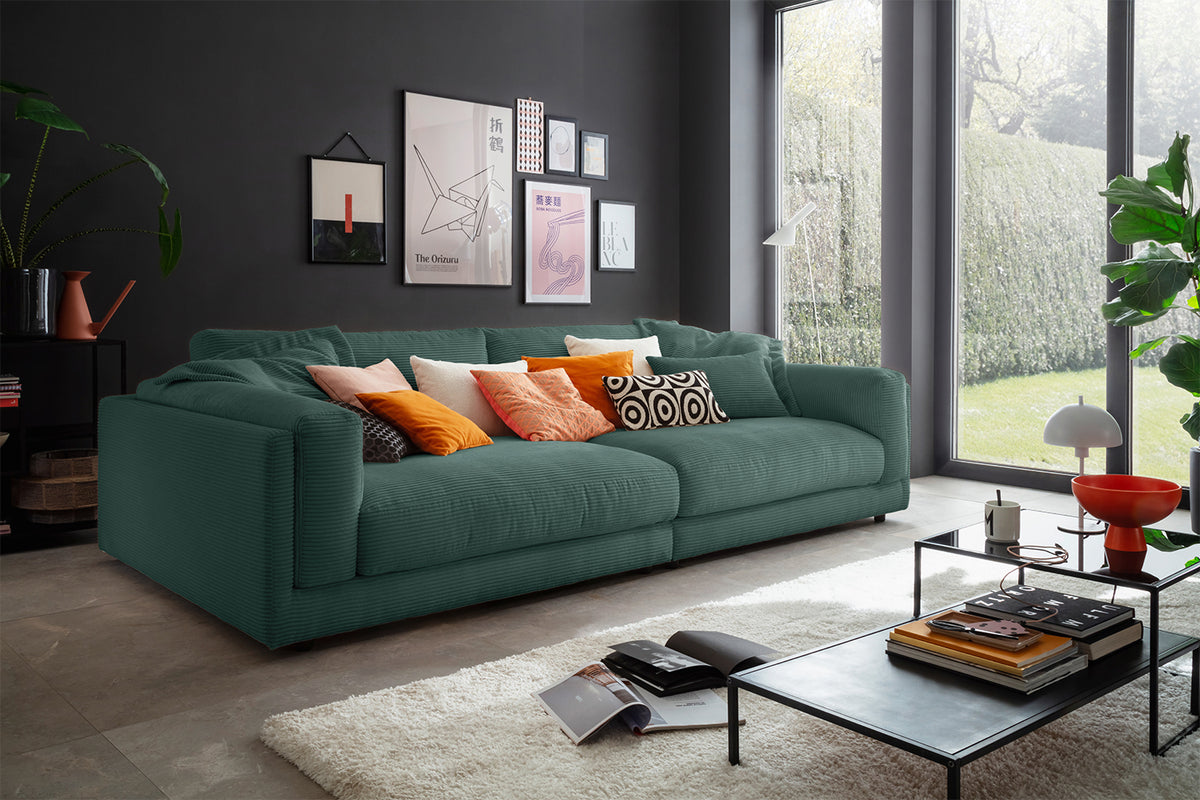 KAWOLA Big Sofa RAINA Cord smaragd, 254 x 150