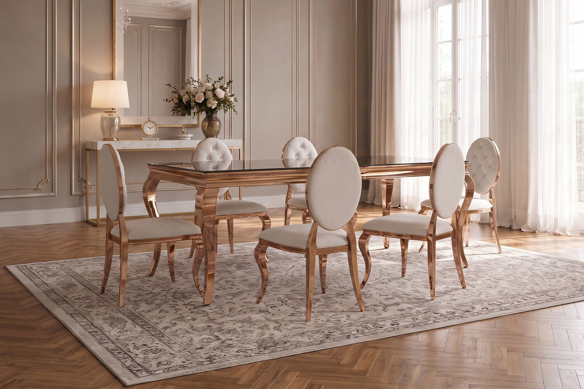 KAWOLA Esszimmerstuhl LINDA Barock rosé gold Velvet cremeweiß