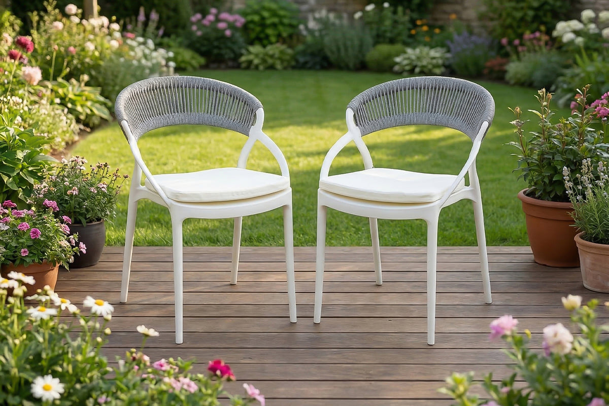KAWOLA Gartenstuhl KISO Outdoor weiß mit Kissen Rückenlehne Rope grau