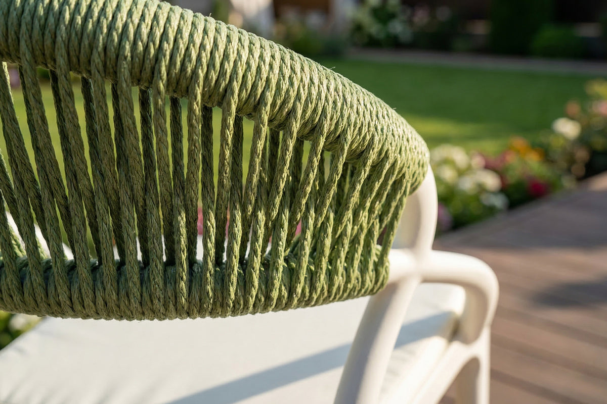 KAWOLA Gartenstuhl KISO Outdoor weiß mit Kissen Rückenlehne Rope grün