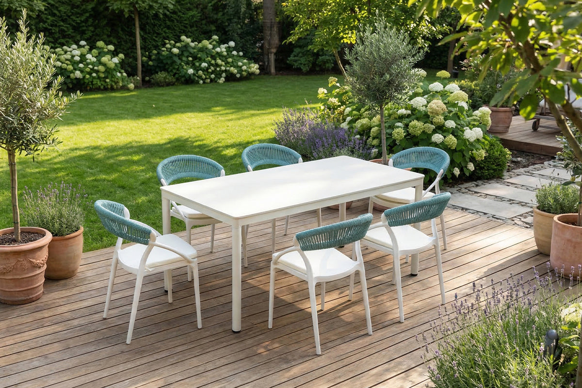 KAWOLA Gartenstuhl KISO Outdoor weiß mit Kissen Rückenlehne Rope hellblau