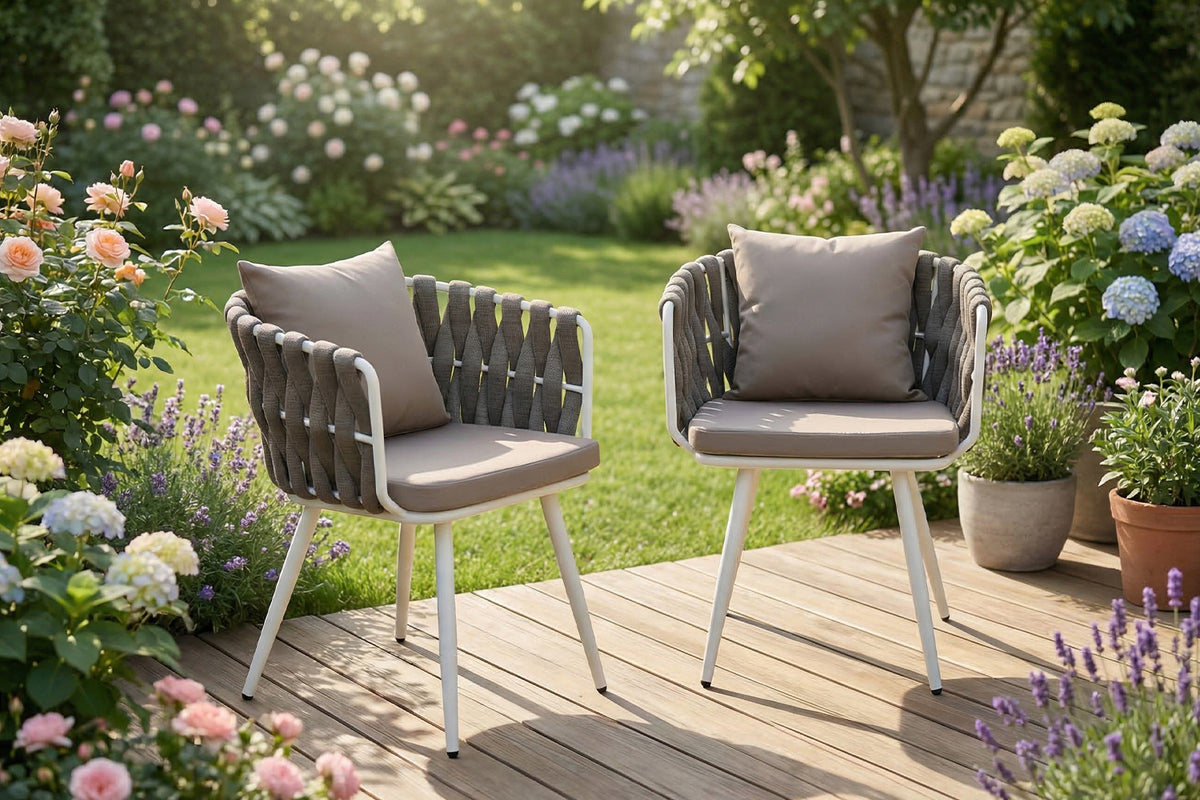 KAWOLA Gartenstuhl LUSHA Outdoor cremefarben Rope dunkelgrau mit Kissen