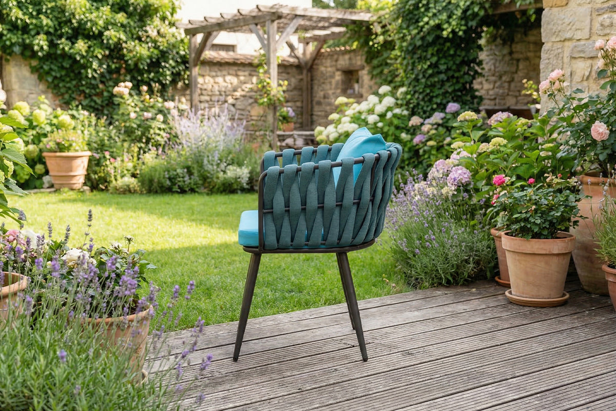 KAWOLA Gartenstuhl LUSHA Outdoor grau Rope türkis mit Kissen