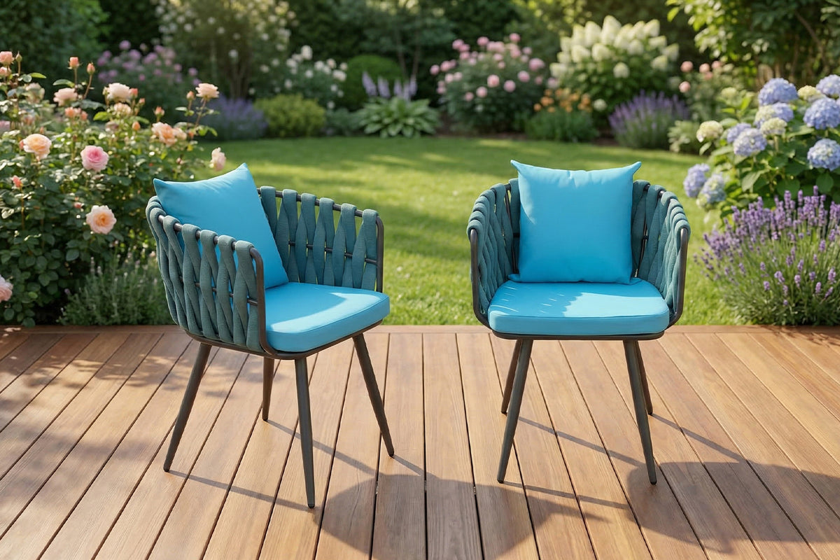 KAWOLA Gartenstuhl LUSHA Outdoor grau Rope türkis mit Kissen
