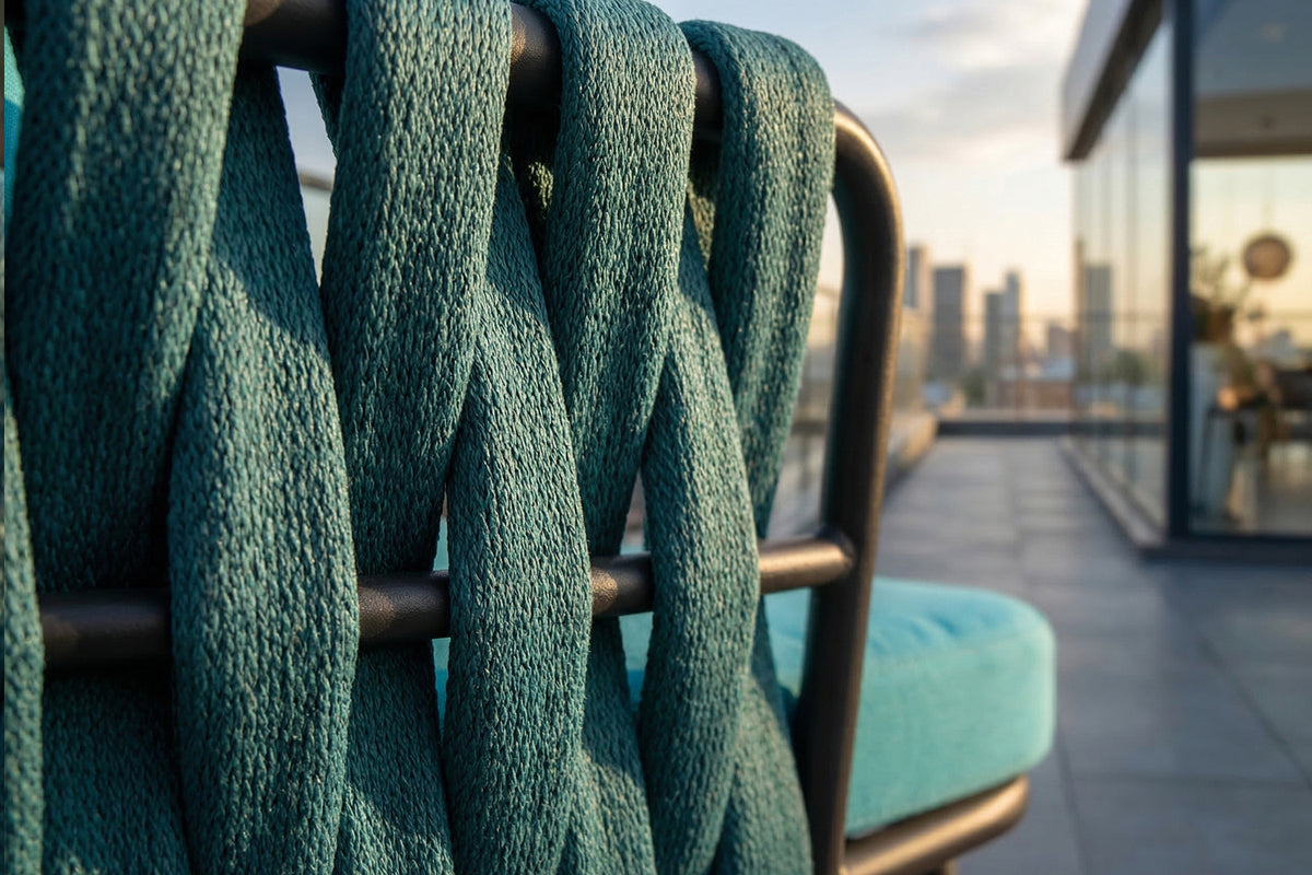 KAWOLA Gartenstuhl LUSHA Outdoor grau Rope türkis mit Kissen