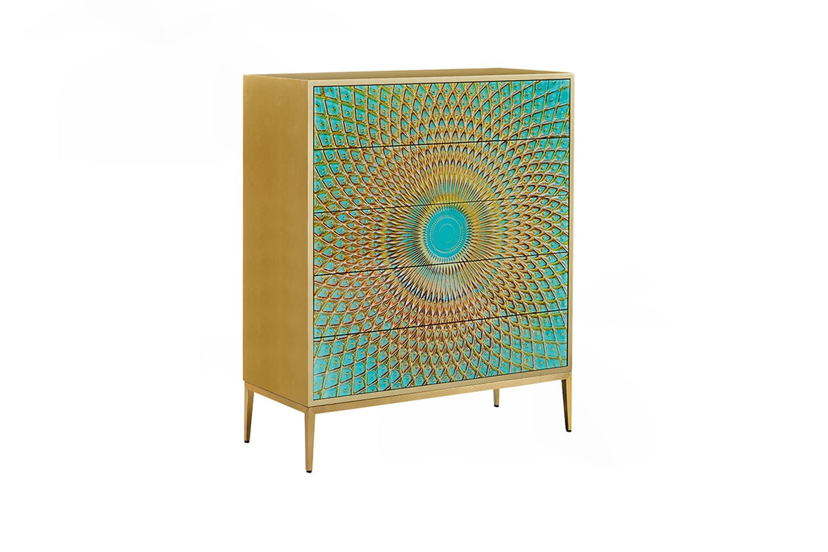 KAWOLA Highboard LAGO 5 Schubladen Glas grün Fuß Edelstahl goldfarben