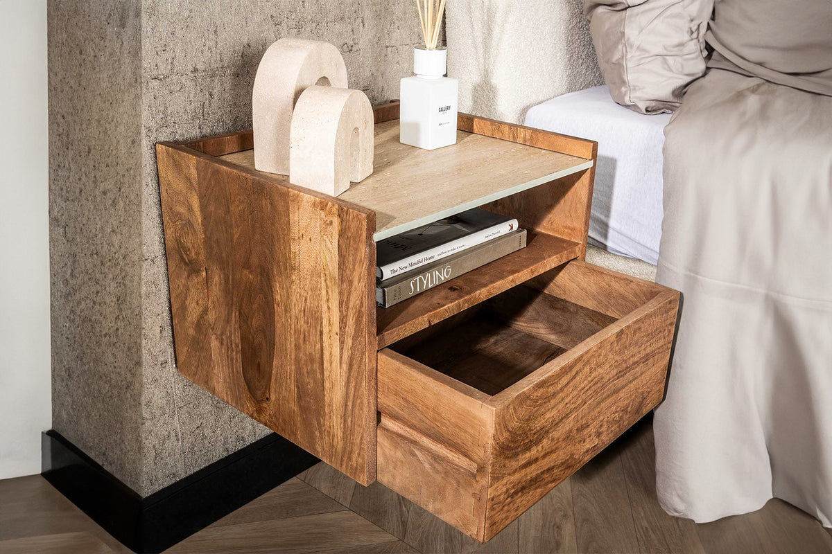 KAWOLA Nachttisch NORYN XL hängend Mangoholz massiv natur 1 Schublade