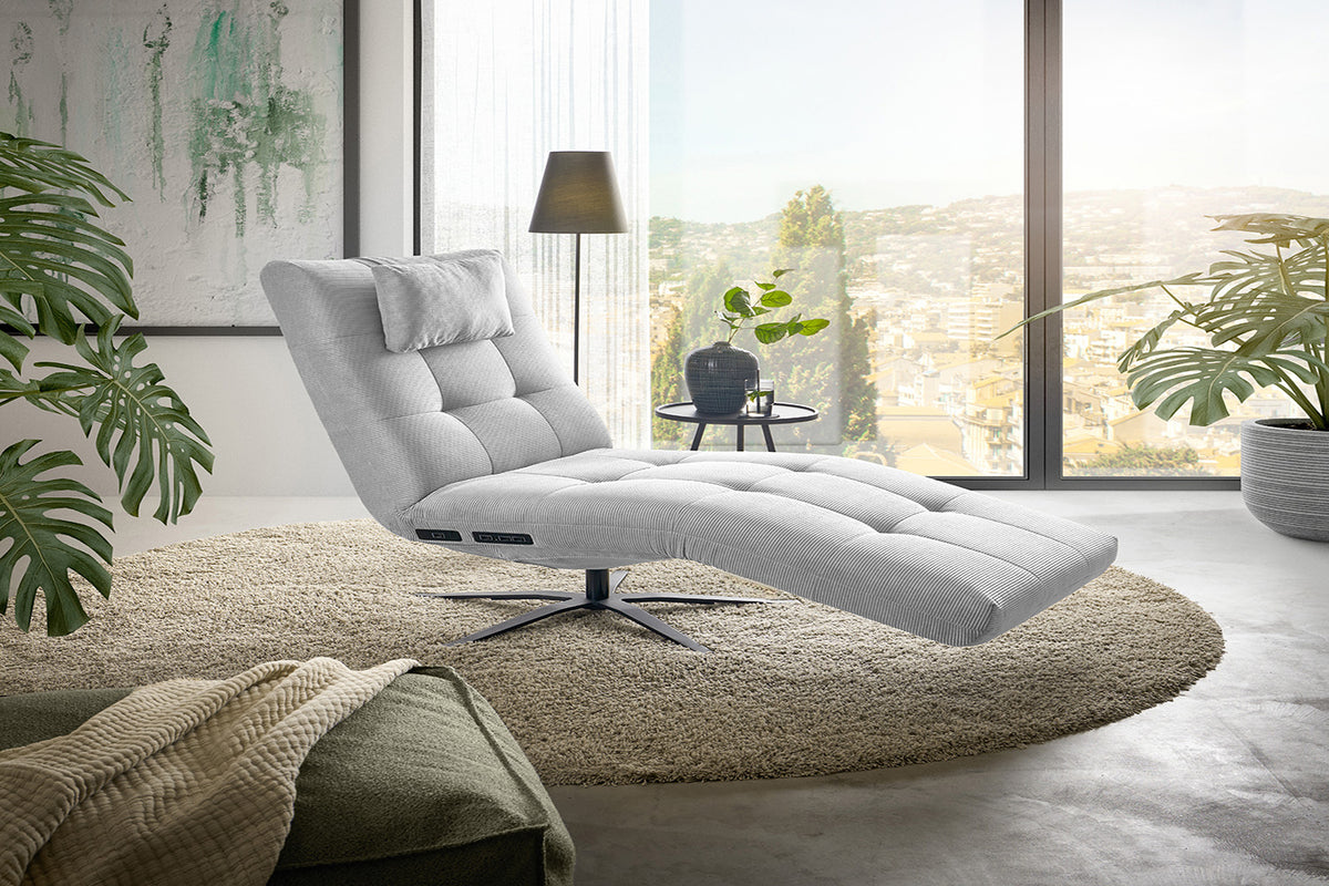 KAWOLA Relaxliege LETICIA motorisch Feincord silber, Mit Kissen, Relaxfunktion, Drehbar (360°), Ohne Akku