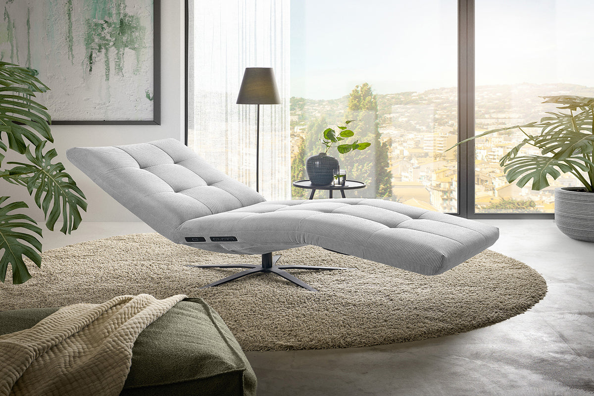KAWOLA Relaxliege LETICIA motorisch Feincord silber, Ohne Zusatzausstattung, Drehbar (360°), Relaxfunktion, Mit Akku