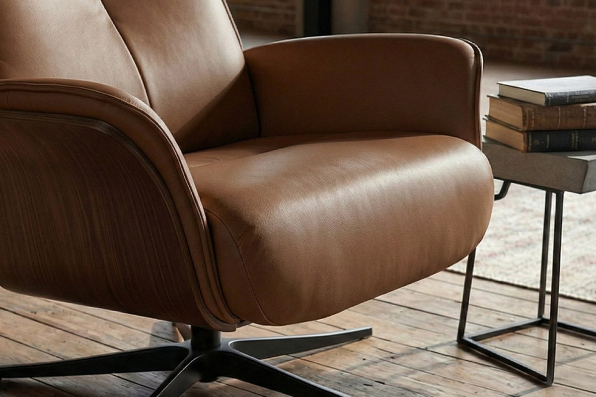 KAWOLA Relaxsessel FERREIRA Drehsessel Leder braun mit Hocker