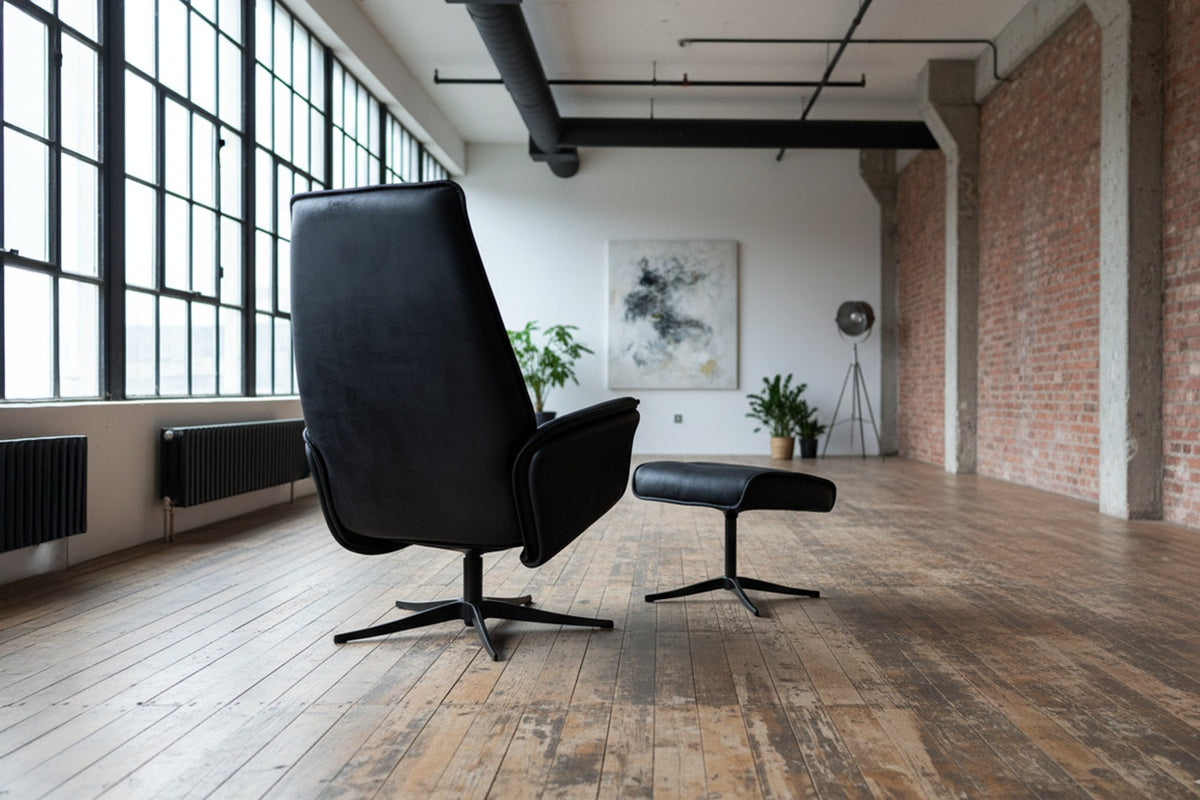 KAWOLA Relaxsessel JOSIANE Drehsessel Lederfaserstoff schwarz mit Hocker