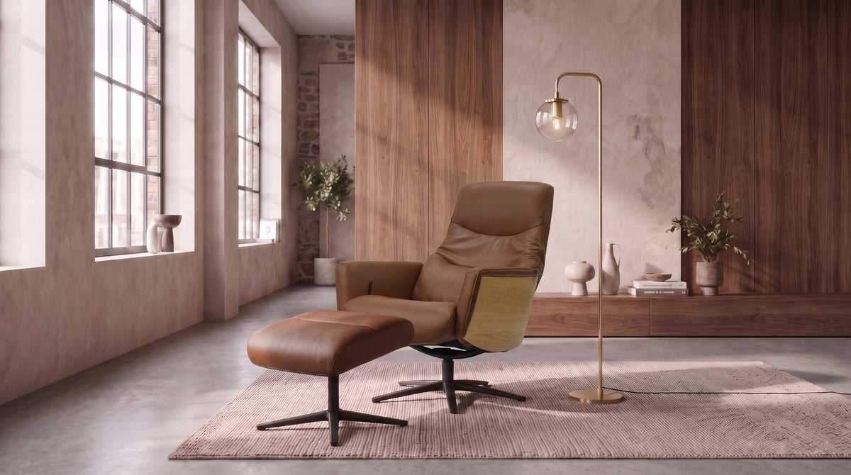 KAWOLA Relaxsessel VANITAS Drehsessel Leder braun mit Hocker
