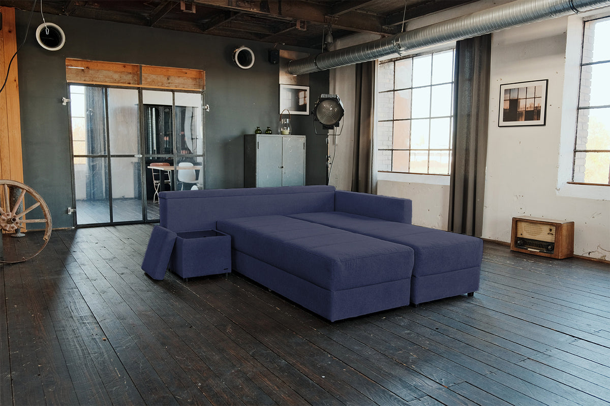 KAWOLA Schlafsofa IDA Sofa Boxspringbett Stoff dunkelblau mit Topper