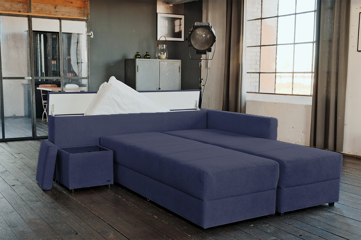 KAWOLA Schlafsofa IDA Sofa Boxspringbett Stoff dunkelblau mit Topper