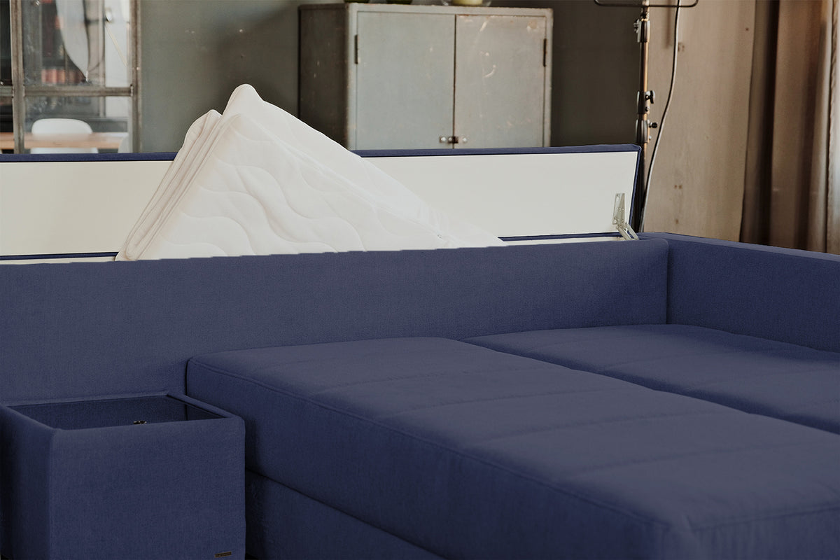 KAWOLA Schlafsofa IDA Sofa Boxspringbett Stoff dunkelblau mit Topper