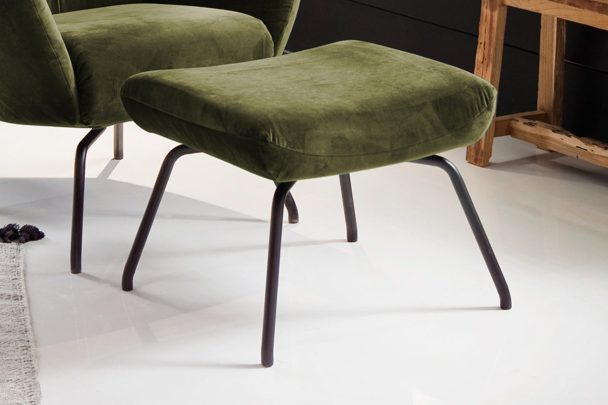 KAWOLA Sessel LOTTE Ohrensessel velvet olivgrün mit Hocker