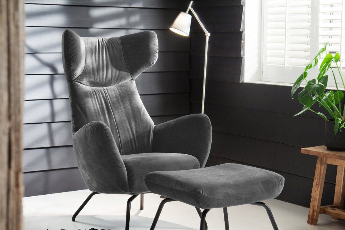 KAWOLA Sessel LOTTE Ohrensessel velvet stone mit Hocker