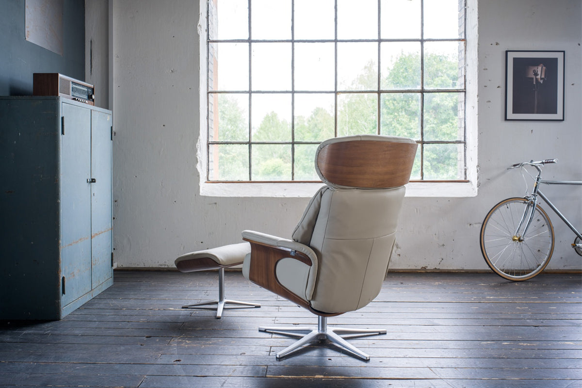 KAWOLA Sessel TOSAR Relaxsessel drehbar Leder grau mit Hocker
