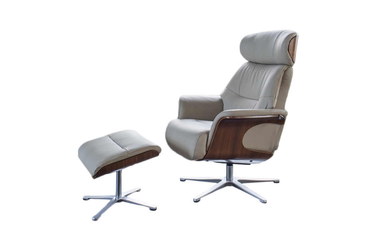 KAWOLA Sessel TOSAR Relaxsessel drehbar Leder grau mit Hocker