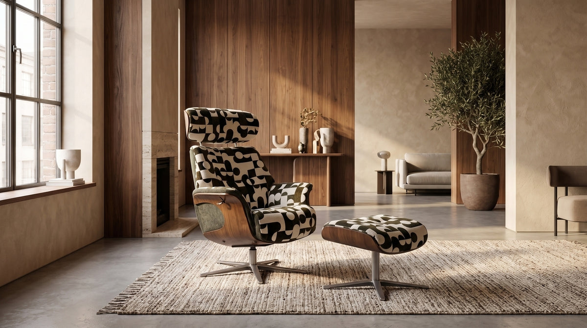 KAWOLA Sessel TOSAR Relaxsessel drehbar Stoff Retro-Design grün mit Hocker