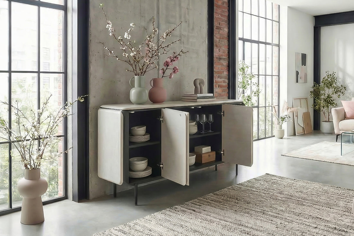 KAWOLA Sideboard AVRIL 4 Türen Eiche grau