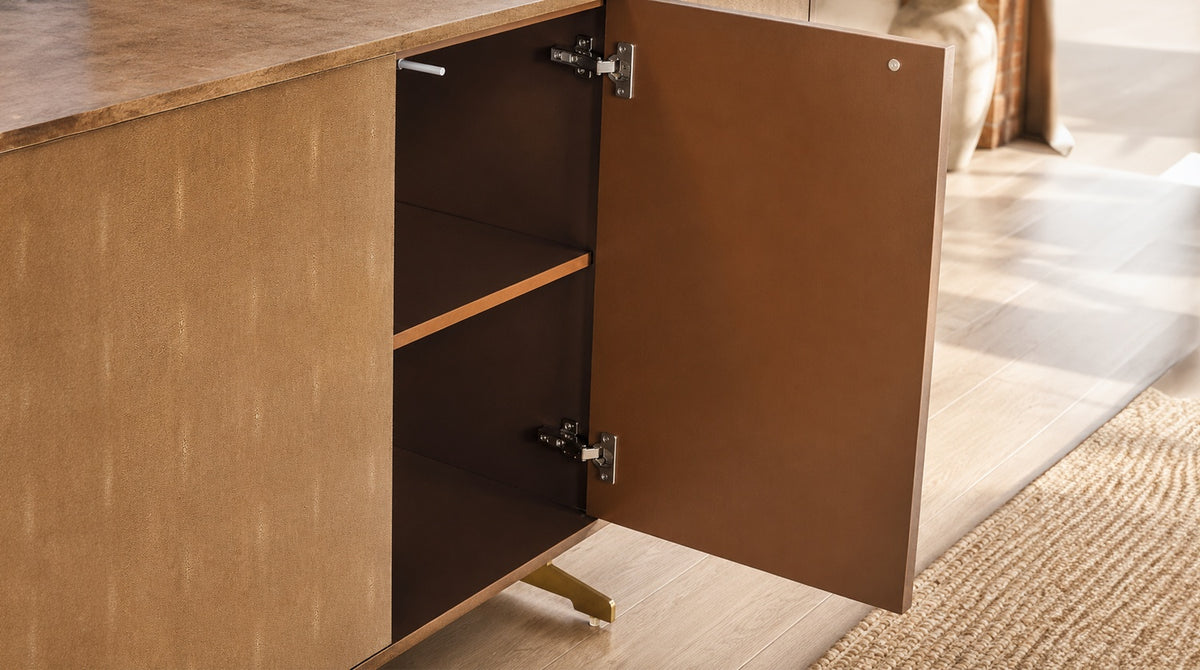 KAWOLA Sideboard GALA 4 Türen Kunstleder goldfarben Fuß Edelstahl gebürstet