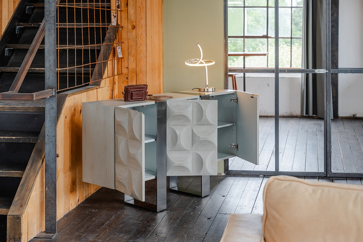 KAWOLA Sideboard MARGO 3 Türen Ulme furniert grau Fuß Edelstahl gebürstet