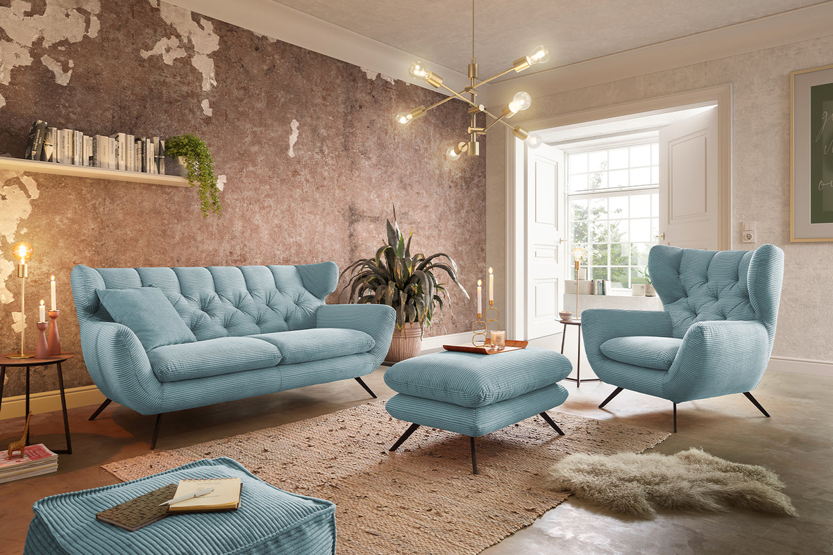 KAWOLA Sitzgruppe CHARME Sofa Sessel Hockerbank Cord hellblau, 2.5-Sitzer