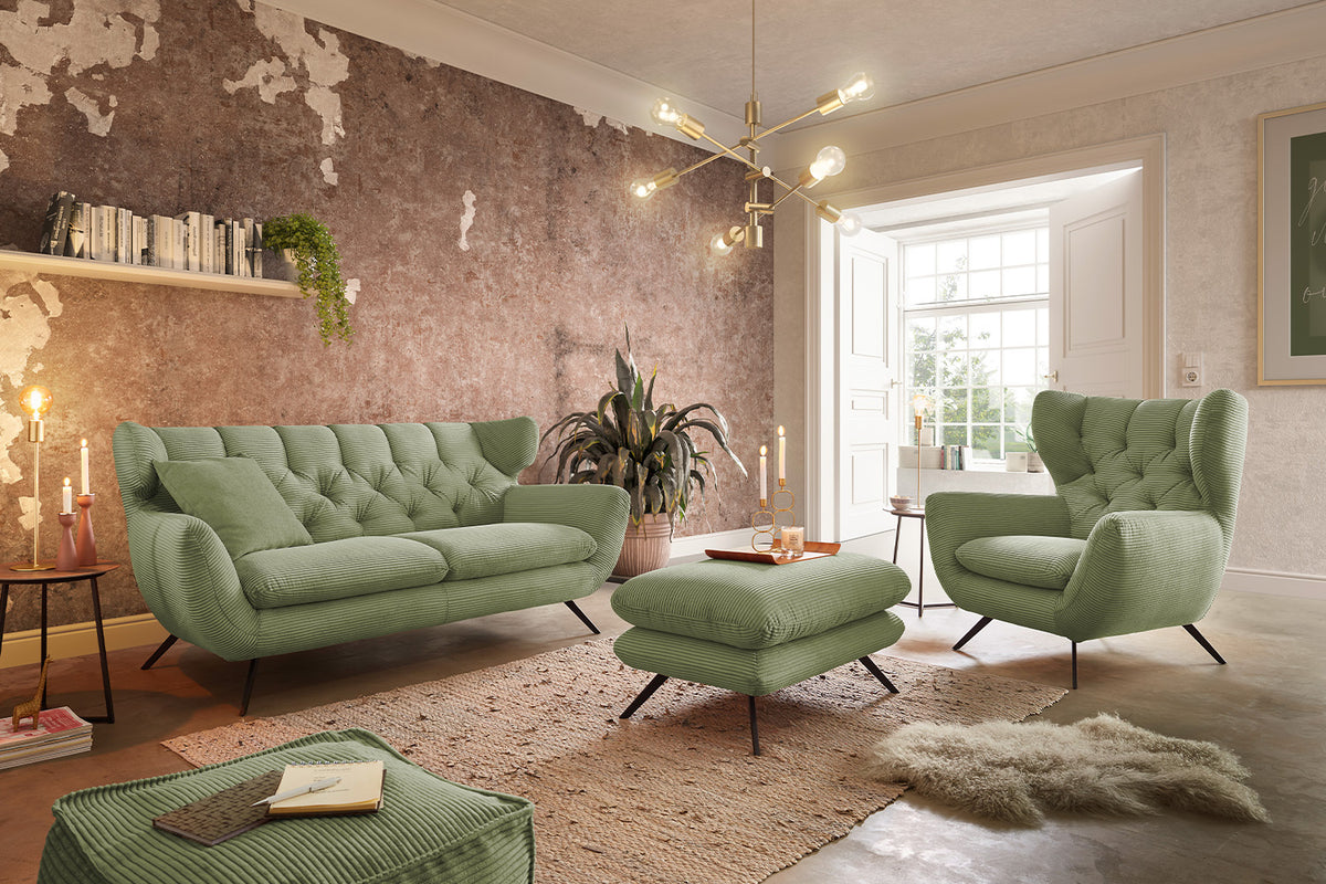 KAWOLA Sitzgruppe CHARME Sofa Sessel Hockerbank Cord olivgrün, 4-Sitzer