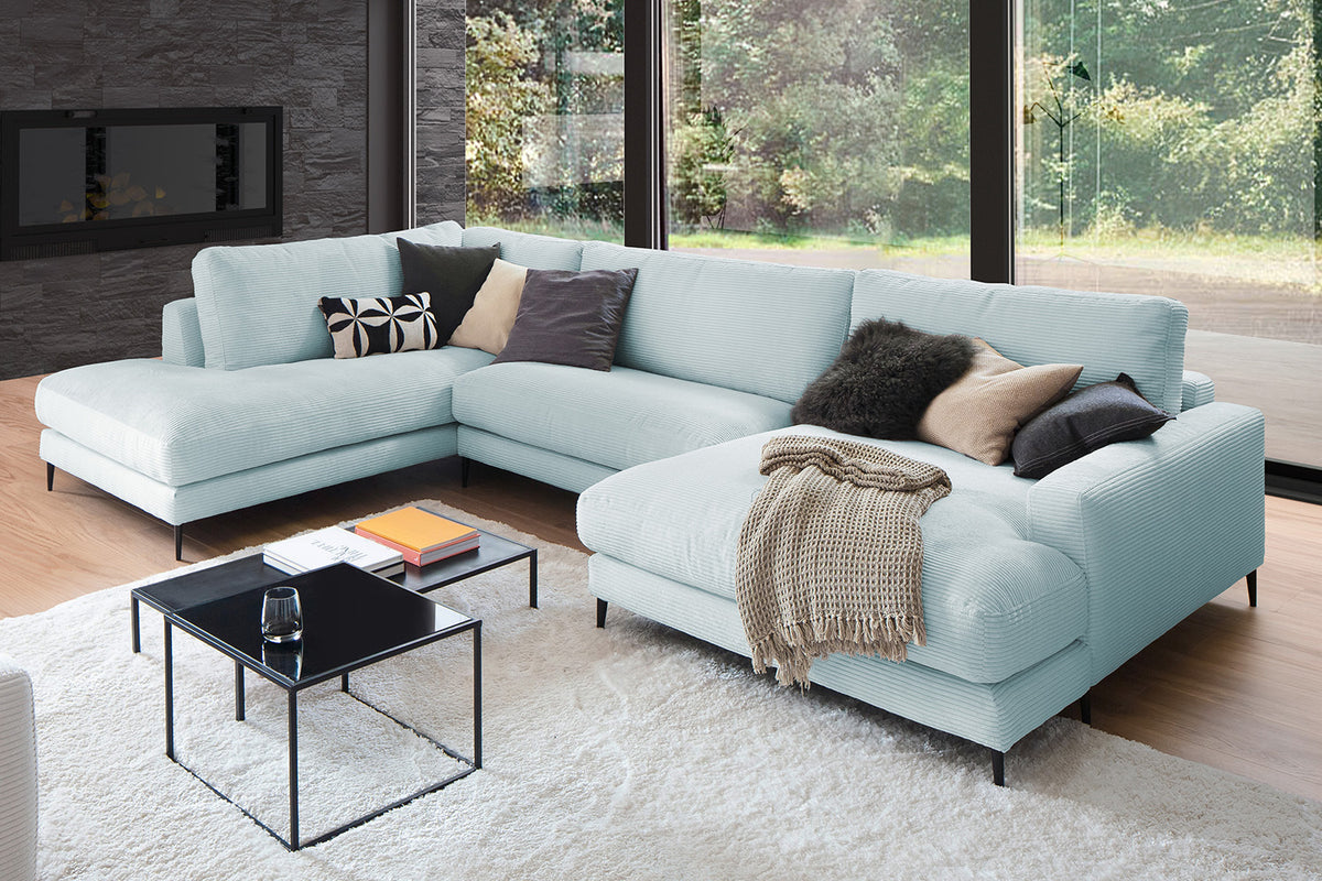 KAWOLA Sofa CARA Wohnlandschaft U-Form Cord hellblau