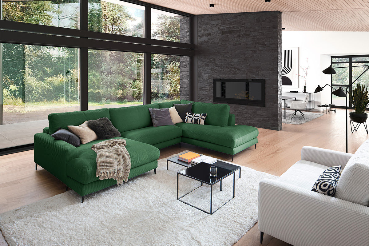 KAWOLA Sofa CARA Wohnlandschaft U-Form Cord smaragd, Links