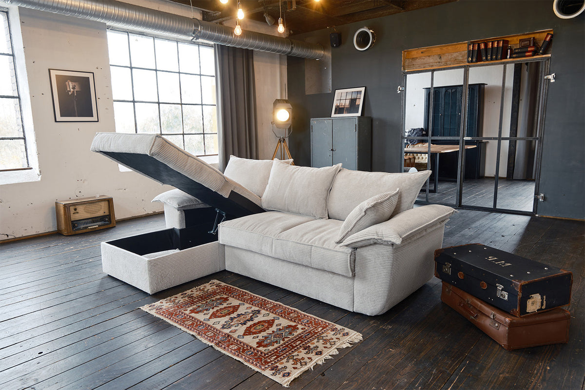 KAWOLA Sofa DAMETO Ecksofa Bettsofa Schlafsofa mit Stauraum Cord weiß