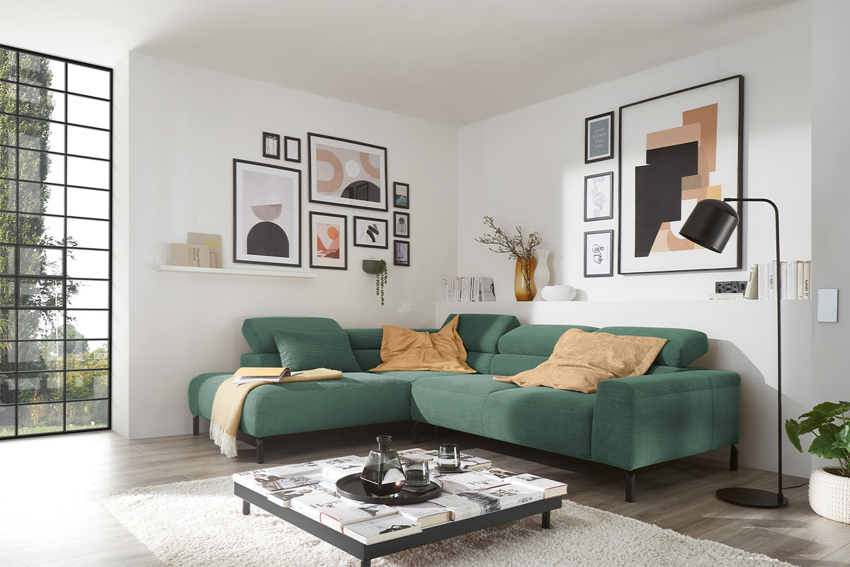 KAWOLA Sofa DELIA Ecksofa Feincord grün, Links, Relaxfunktion