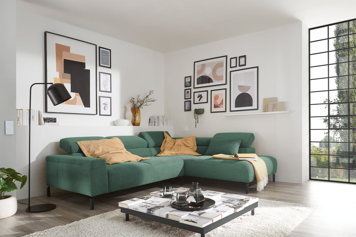 KAWOLA Sofa DELIA Ecksofa Feincord grün, Rechts, Relaxfunktion