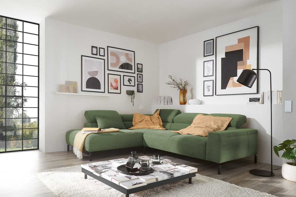 KAWOLA Sofa DELIA Ecksofa Feincord olivgrün, Links, Relaxfunktion