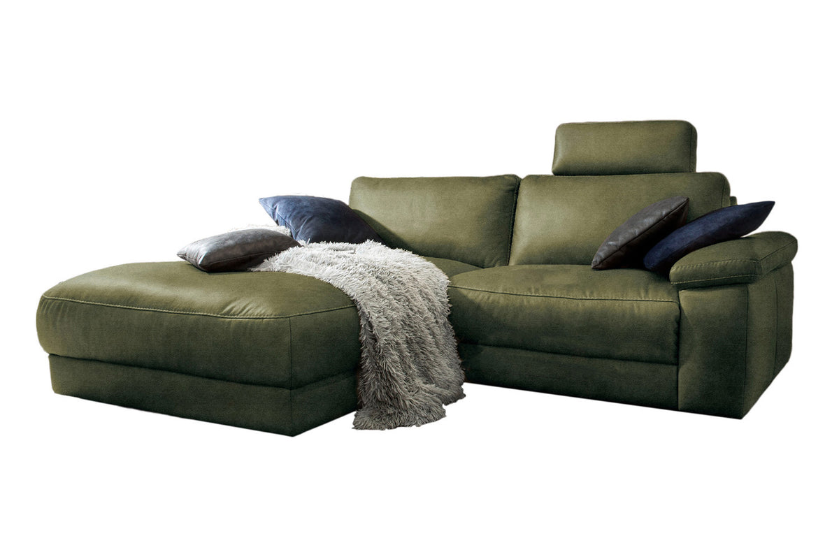 KAWOLA Sofa LOLA Ecksofa Leder moosgrün mit motorischer Relaxfunktion