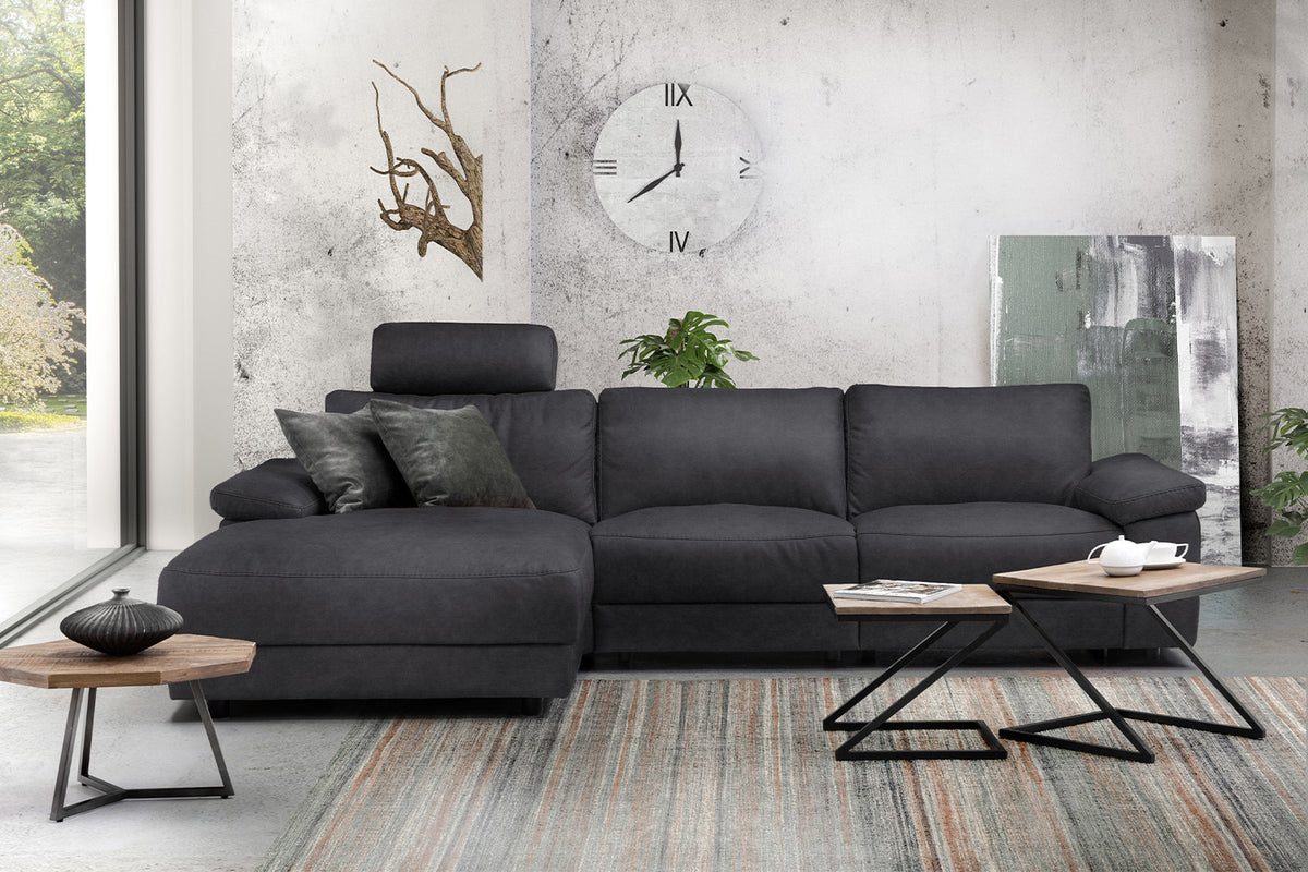 KAWOLA Sofa LOLA Ecksofa Stoff schwarz mit motorischer Relaxfunktion, 304 x 178, Links