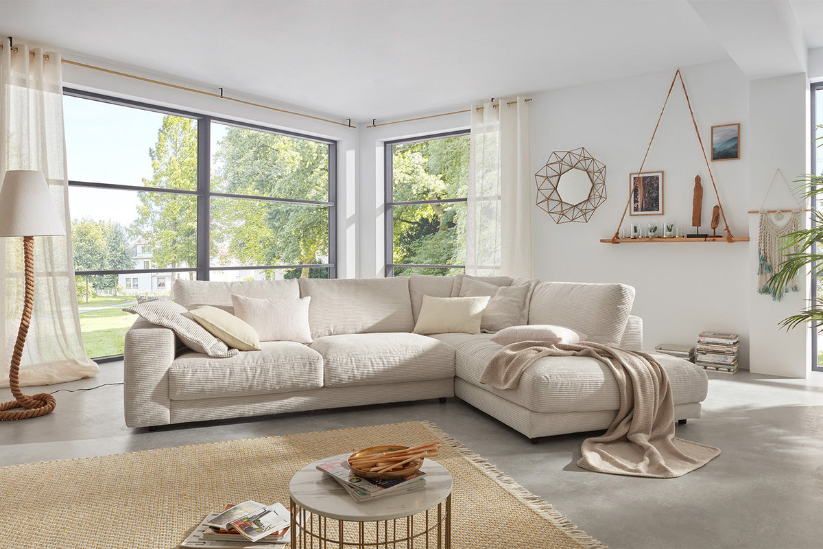 KAWOLA Sofa MADELINE Ecksofa mit Recamiere Cord cremeweiß, Rechts