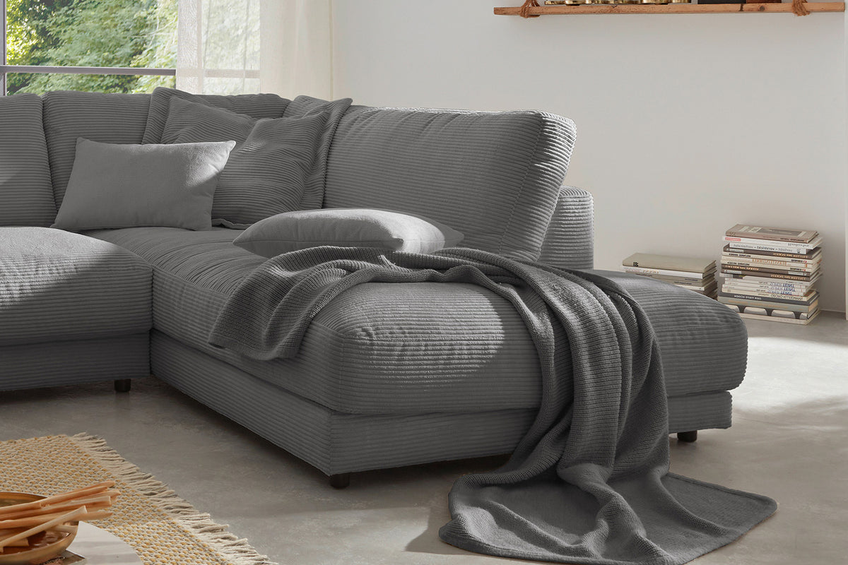 KAWOLA Sofa MADELINE Ecksofa mit Recamiere Cord grau