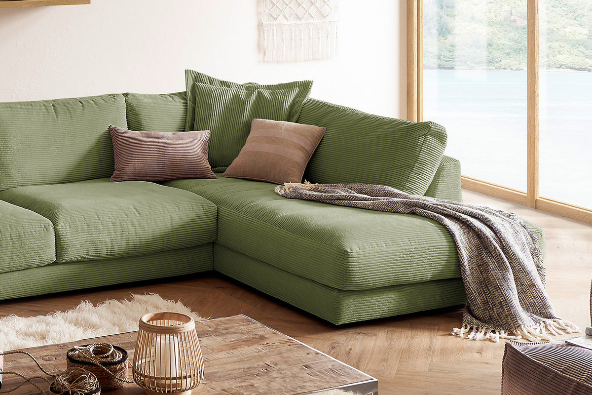 KAWOLA Sofa MADELINE Wohnlandschaft U-Form Cord olivgrün