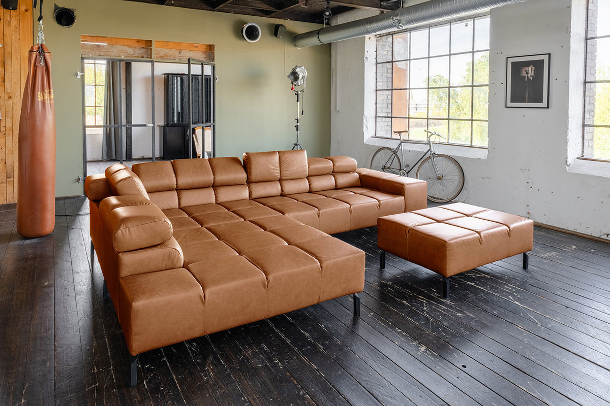 KAWOLA Sofa NELSON Ecksofa Leder cognac, Links, Mit Fußhocker, Ohne Komfortfunktion