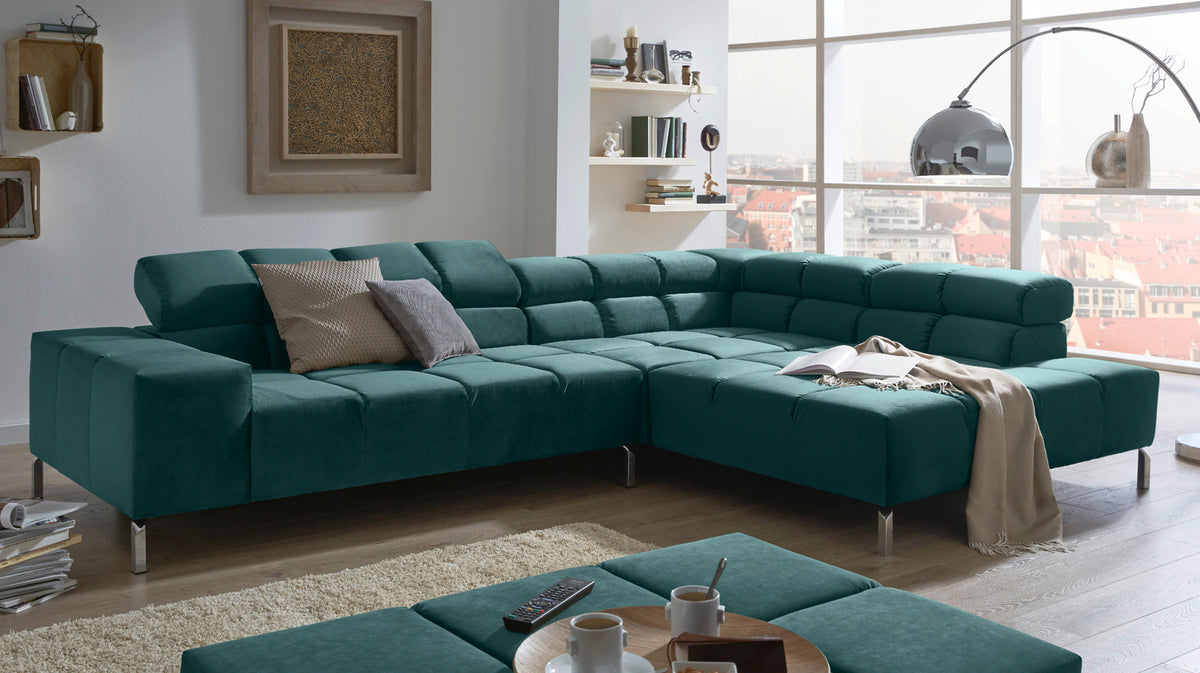 KAWOLA Sofa NELSON Ecksofa Velvet smaragd, Links, Ohne Komfortfunktion
