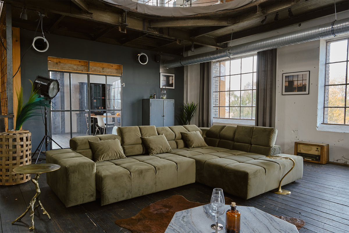 KAWOLA Sofa NEVADA Ecksofa Velvet olivgrün