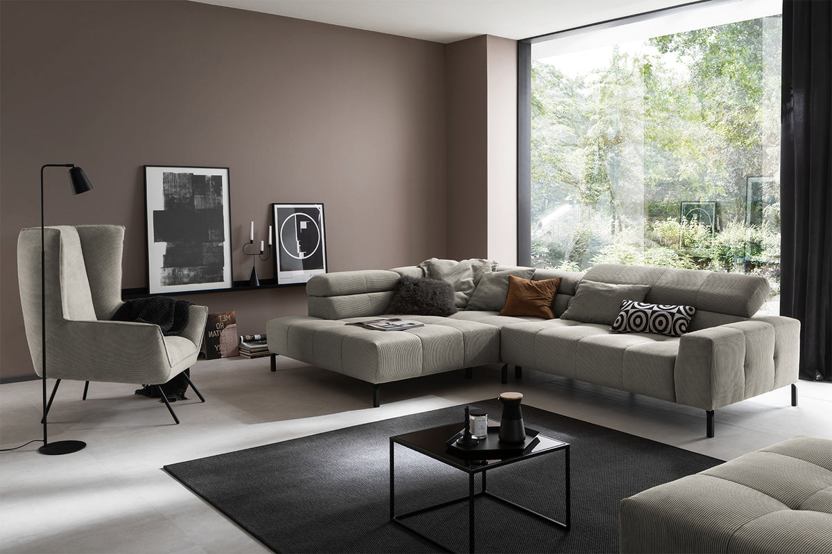 KAWOLA Sofa OHIO Ecksofa Feincord grau, Links, Relaxfunktion