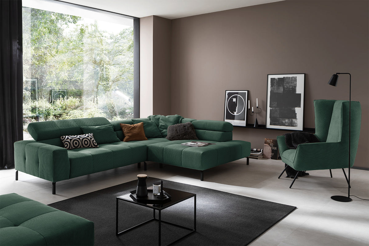 KAWOLA Sofa OHIO Ecksofa Feincord grün, Rechts, Relaxfunktion