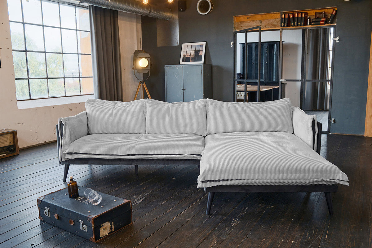 KAWOLA Sofa QUENYA Ecksofa Cord hellgrau / Velvet anthrazit